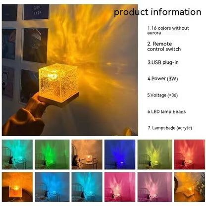 16 Colors LED Water Ripple Ambient Night Light USB Rotating Projection Crystal Table Lamp RGB Dimmable Home Decoration